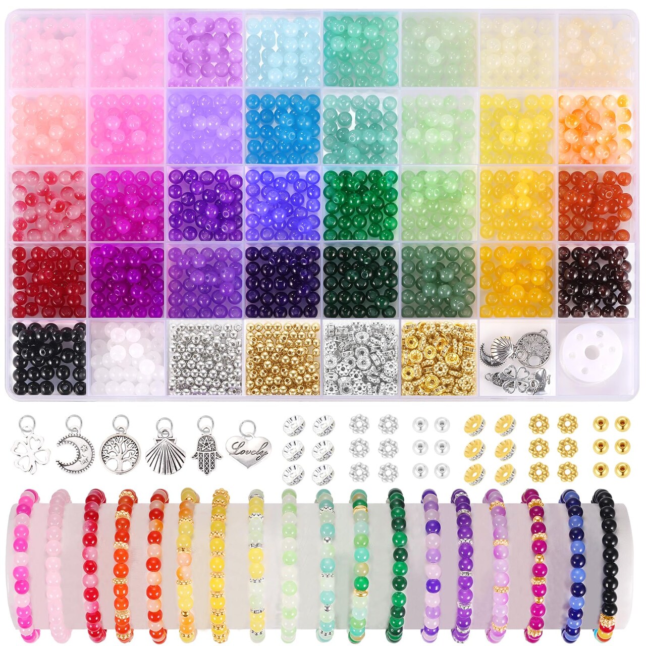 1368pcs 6mm Glass Beads for Bracelets, 34 Colors Crystal Beads for Jewelry Making, Funtopia Round Glass Beads for DIY Earrings Necklace Crafts with Spacer Beads and Charms, Solid and Gradient Colors
